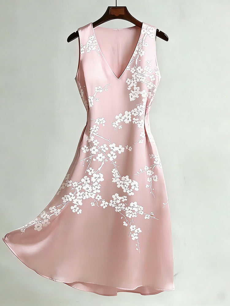 Cardydony Women's Japanese Cherry Blossom Art V-neck Sleeveless Flowy Midi Dress