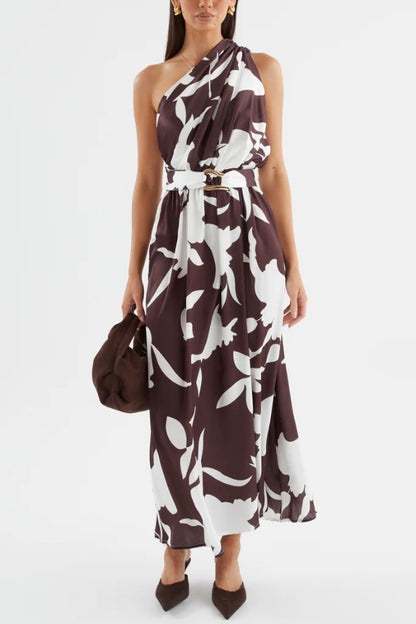 Cardydony Women's Unique Printed One-Shoulder Belt Casual Holiday Maxi Dress