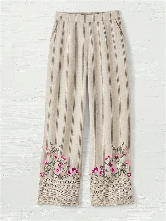 Cardydony Women's Retro Stripe Stitching Lace Embroidery Casual Pants
