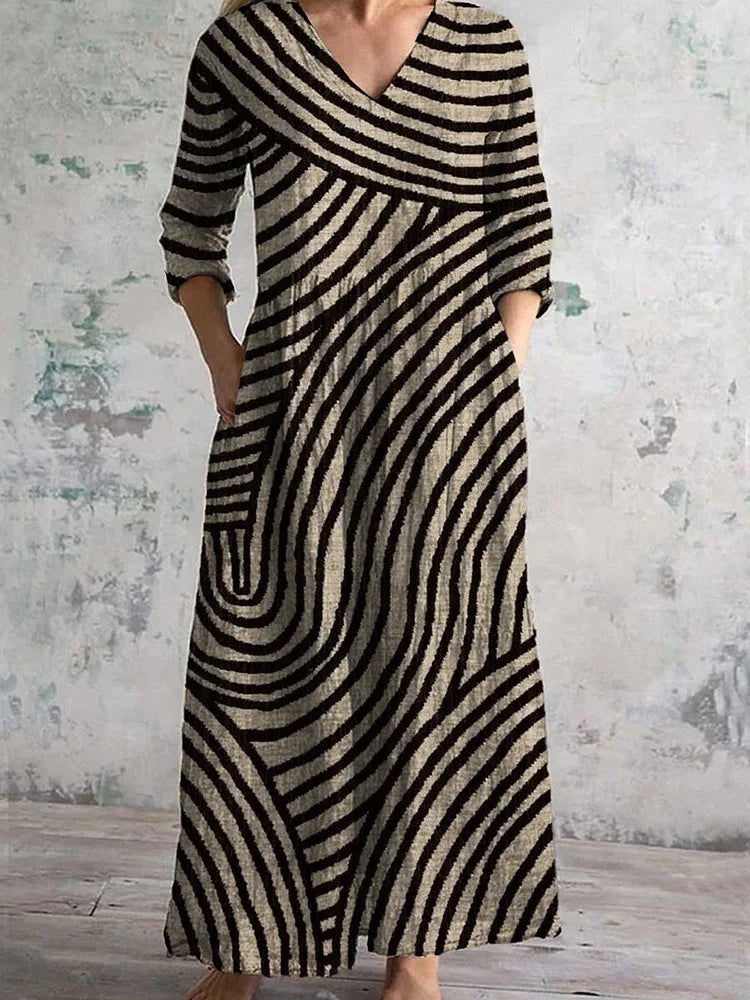 Cardydony Vintage Stripe Pattern Women's Linen Dress