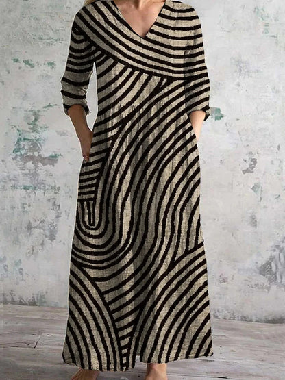 Cardydony Vintage Stripe Pattern Women's Linen Dress