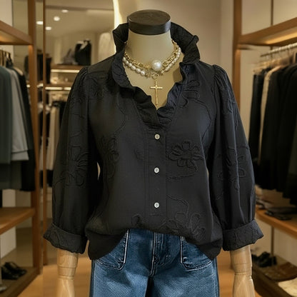 Cardydony Vintage Floral Pattern Ruffled Collar Comfy Shirt