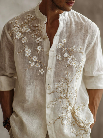 Cardydony Men's Retro Japanese Cherry Blossom Patchwork Pattern Casual Shirt