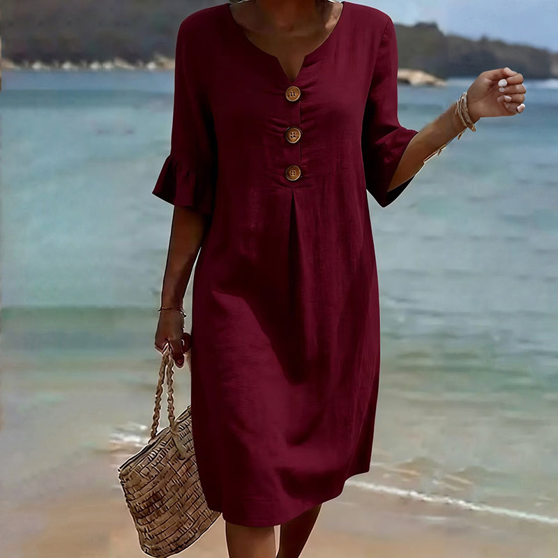 Cardydony Casual Solid-color Cotton V-neck Button Midi Dress