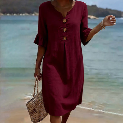 Cardydony Casual Solid-color Cotton V-neck Button Midi Dress