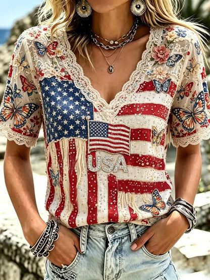 Cardydony Women's Independence Day Anniversary Flag And Butterfly Art Comfortable Cotton Linen V-neck Short Sleeve Top