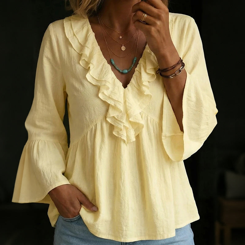 Cardydony Women's Solid Color Ruffle V Neck Blend Loose T-shirt