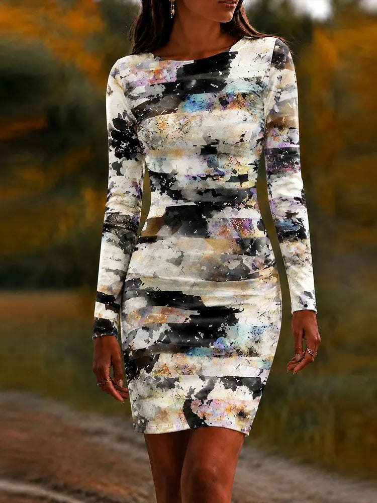 Cardydony Women's Halloween Dark Gothic Colorful Bandage Art Crew Neck Long Sleeve Dress