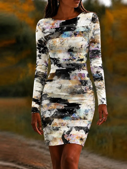 Cardydony Women's Halloween Dark Gothic Colorful Bandage Art Crew Neck Long Sleeve Dress