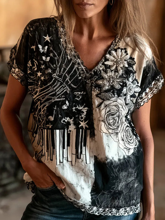 Cardydony Women's Vintage Music And Floral Art Tie-dye Patchwork Casual Linen Cotton V-neck Short Sleeve Top