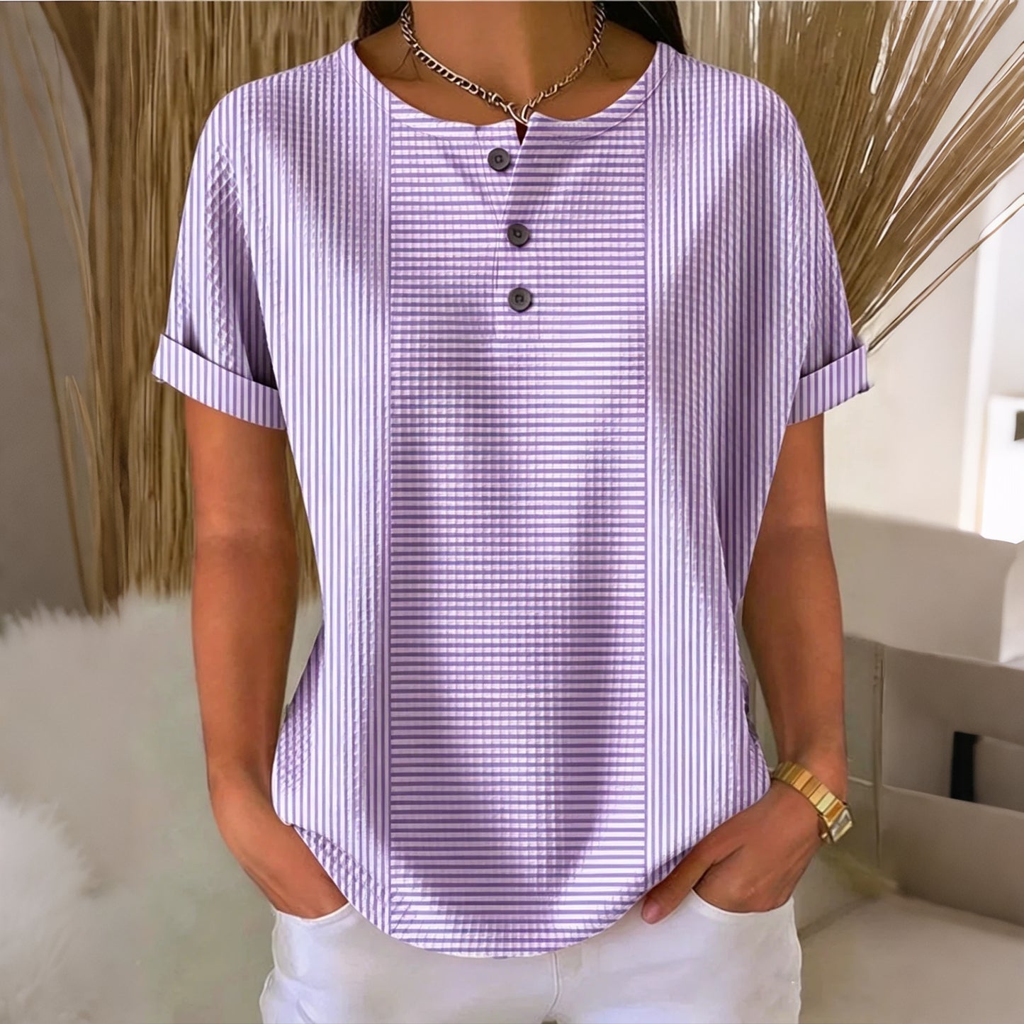 Cardydony Women's Striped Pattern Casual Short-sleeved Shirt