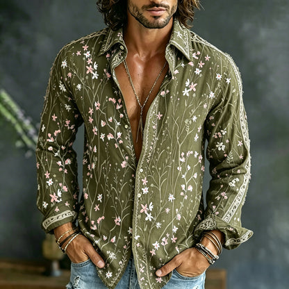 Cardydony Men's Retro Floral Embroidered Art Print Flowy Linen Blend Shirt
