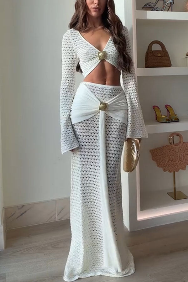 Cardydony Women's Mania Knit Hardware Detail Bell Sleeve Crop Top and Gathered Overlay Sash Stretch Maxi Skirt Set