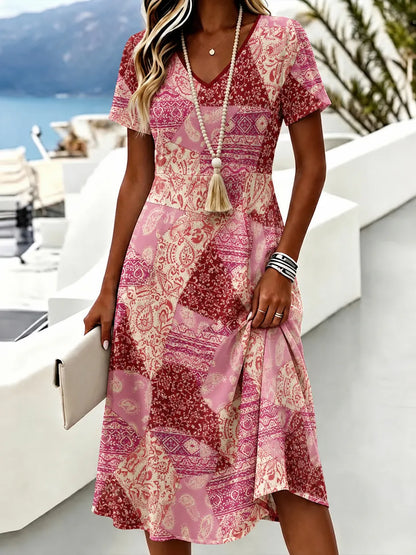 Cardydony Women's Color-block Floral Boho Art Print Midi Dress