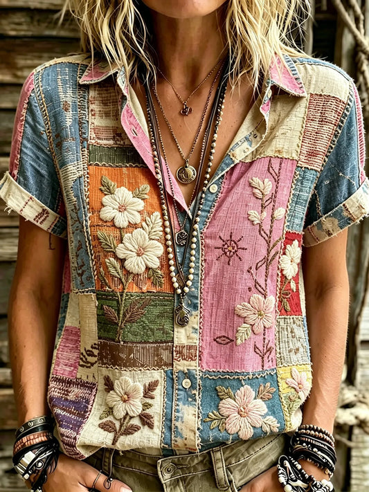 Cardydony Women's Retro Bohemian Hippie Style Floral Patchwork Embroidered Print Short-sleeve Shirt