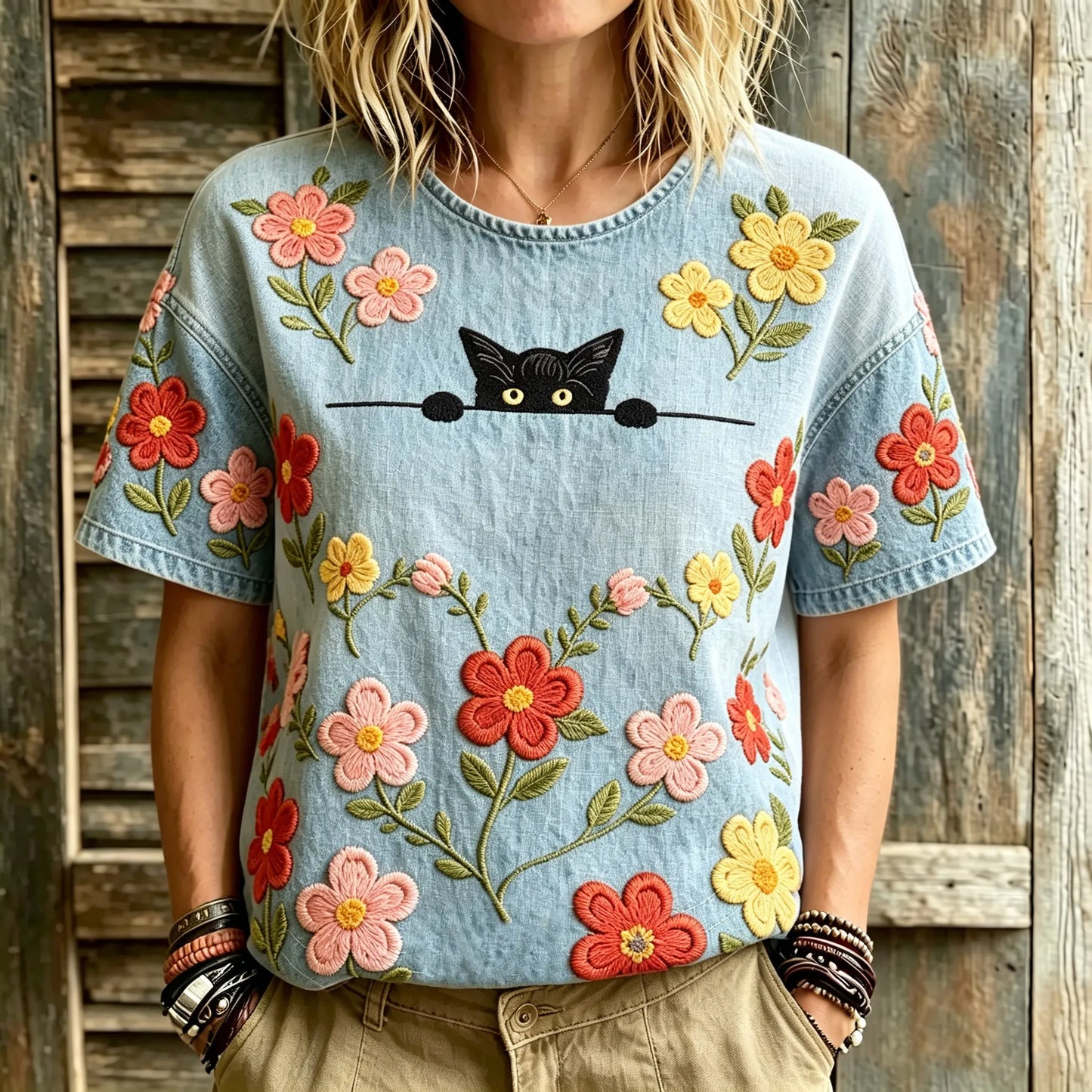 Cardydony Women's Hippie Cute Cat With Floral Art Embroidered Linen Blend Round Neck Tshirt