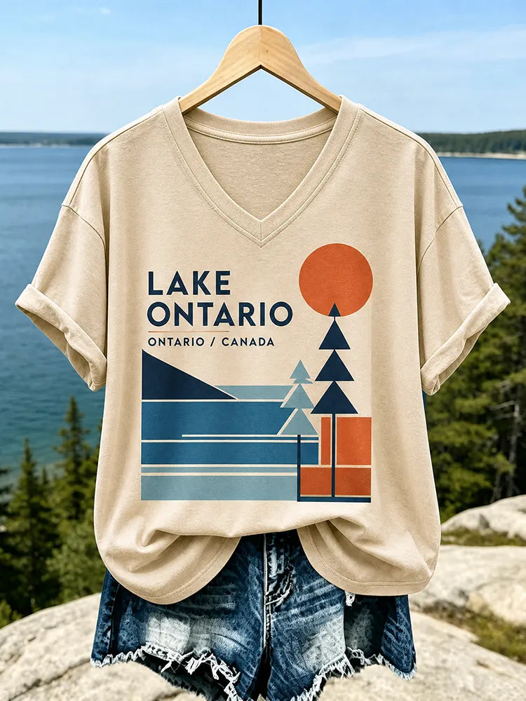 Cardydony Women's Casual V-neck T-shirt In Beige With Lake Ontario Geometric Landscape And Orange Sun Print