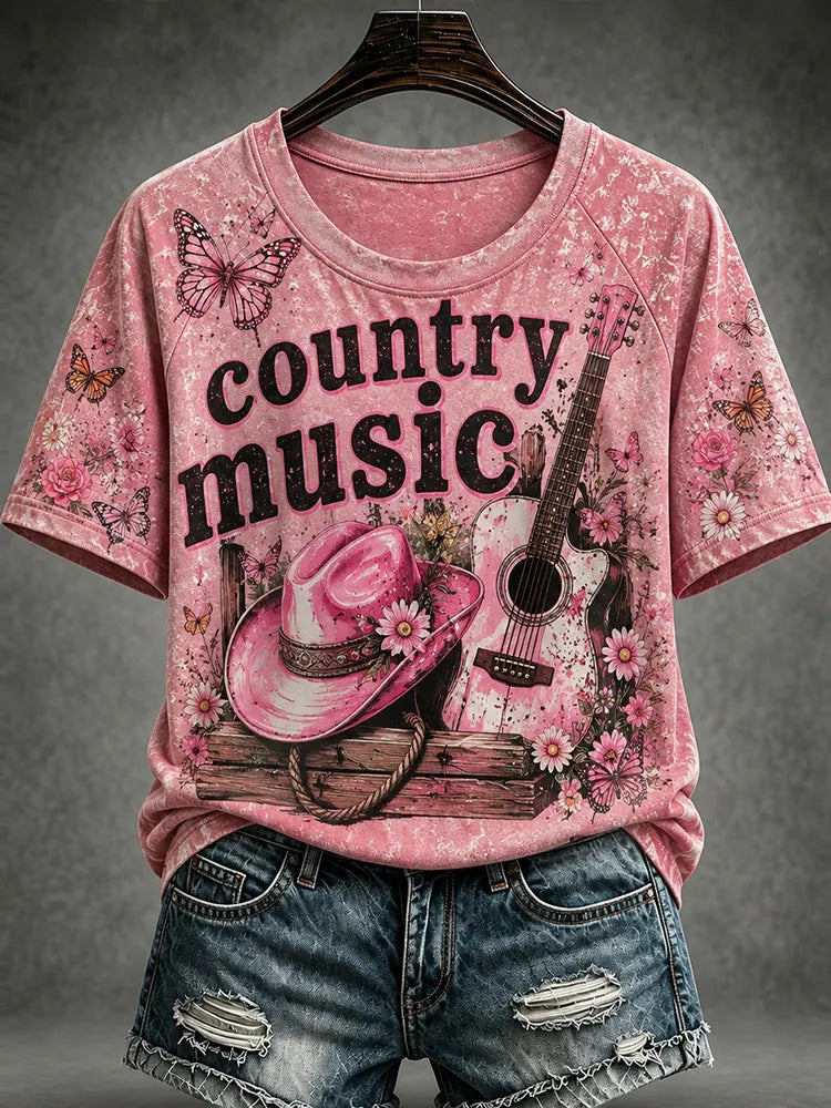 Cardydony Women's Vintage Country Music Queen Commemorative Pink Printed Crewneck T-shirt