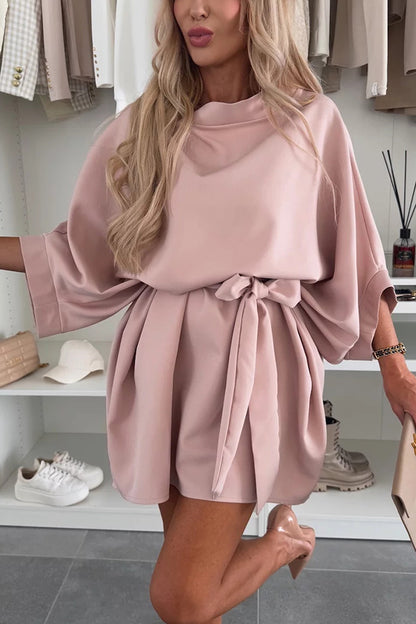 Cardydony Women's Solid Color Loose Round Neck Belted Mini Dress