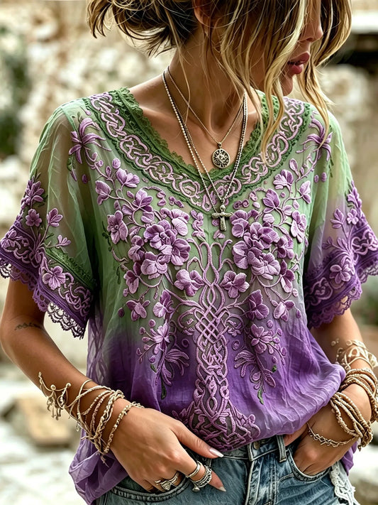 Cardydony Women's Retro Bohemian Viking Style V-neck Top With Tree Of Life And Floral Embroidery Print