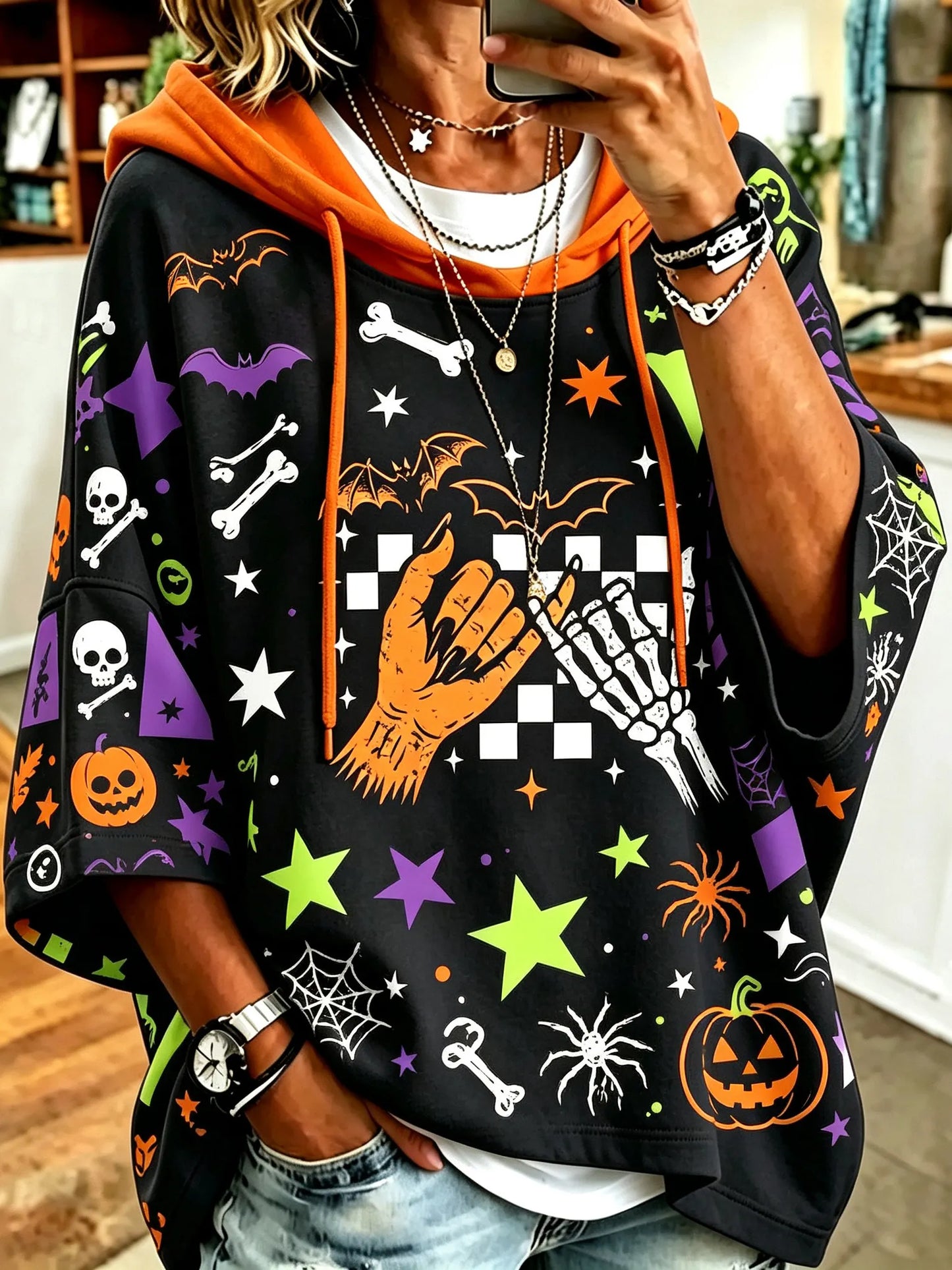Cardydony Women's Retro Halloween Themed Print Casual Hooded Sweatshirt