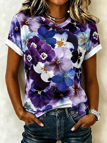 Cardydony Women's Bohemian Purple Pansy Patterns Print T-shirt