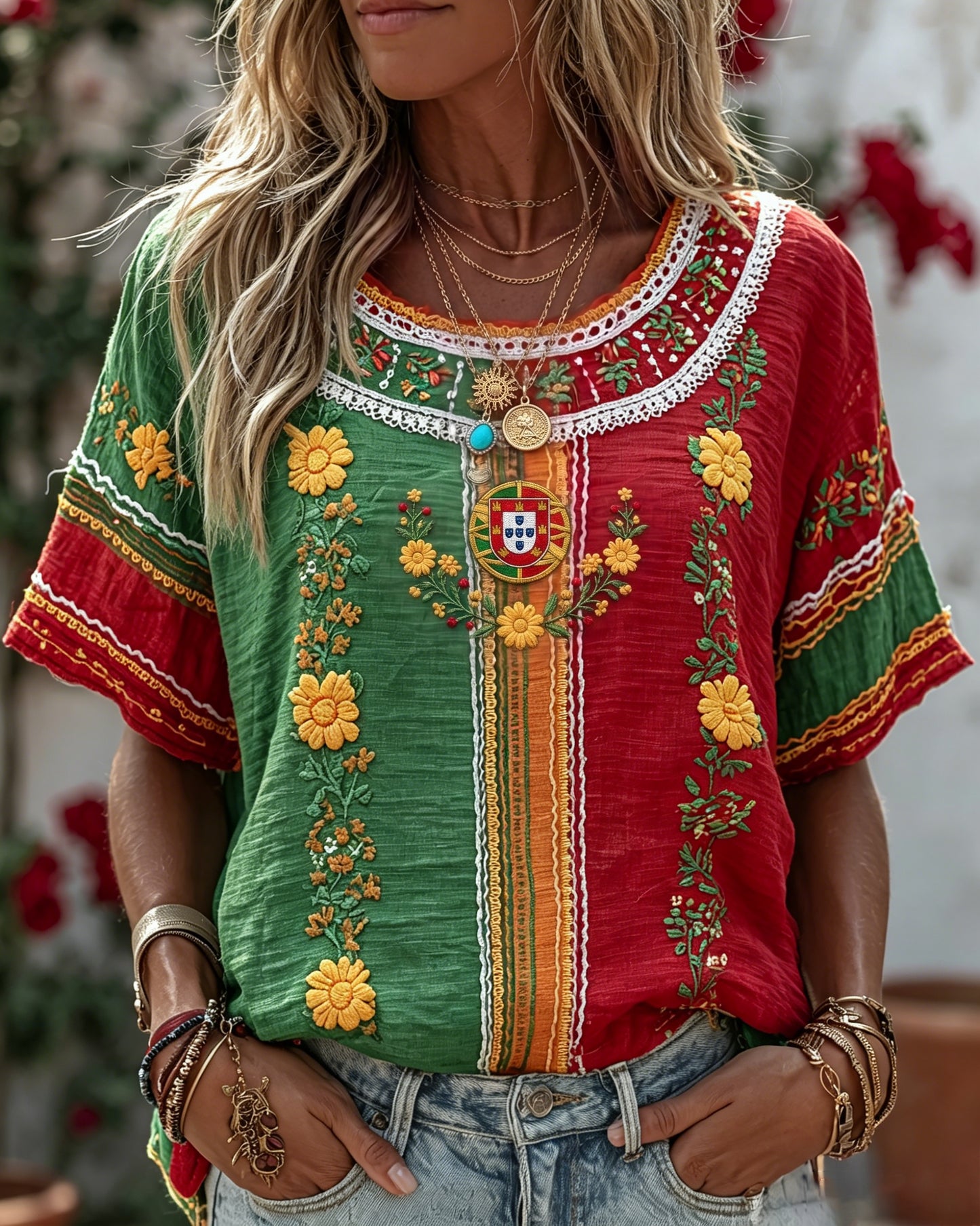 Cardydony Women's Retro Floral Embroidered Patchwork Art Linen Blend T-shirt