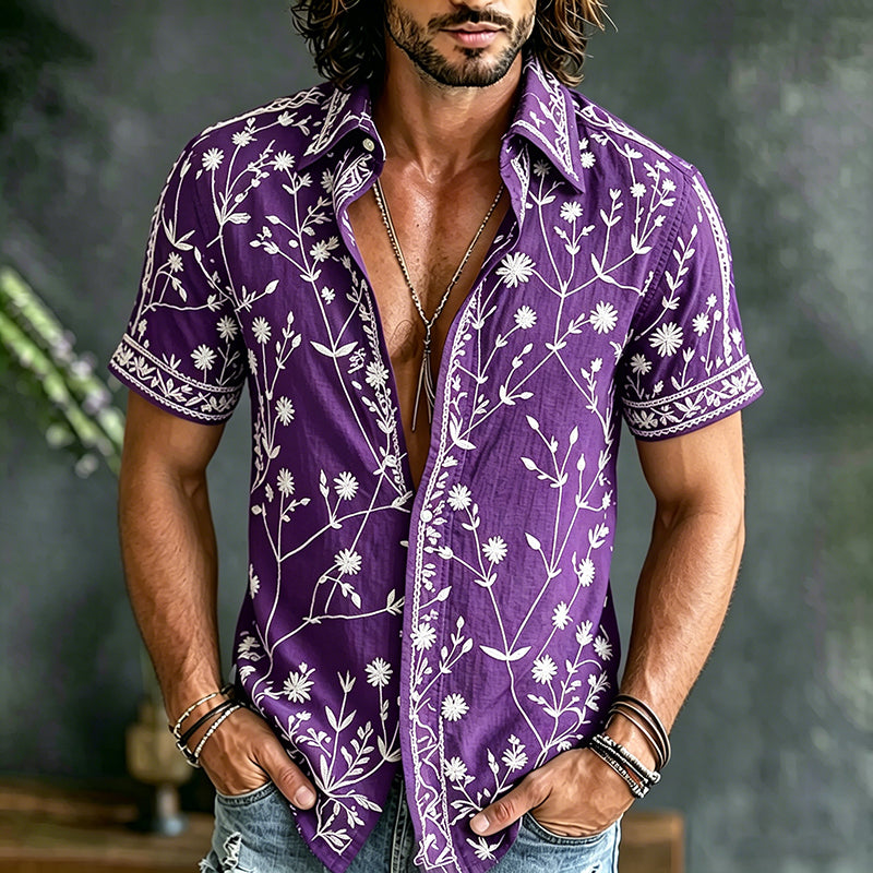 Cardydony Men's Vintage Floral Art Print Flowy Linen Blend Shirt