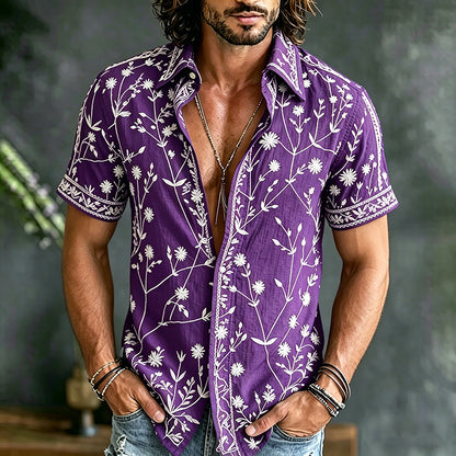 Cardydony Men's Vintage Floral Art Print Flowy Linen Blend Shirt
