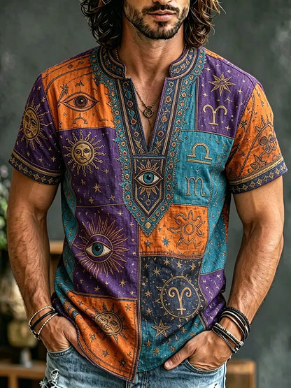 Cardydony Men's Zodiac Sun, Moon And Stars Patchwork Short-sleeve Cotton Linen Top