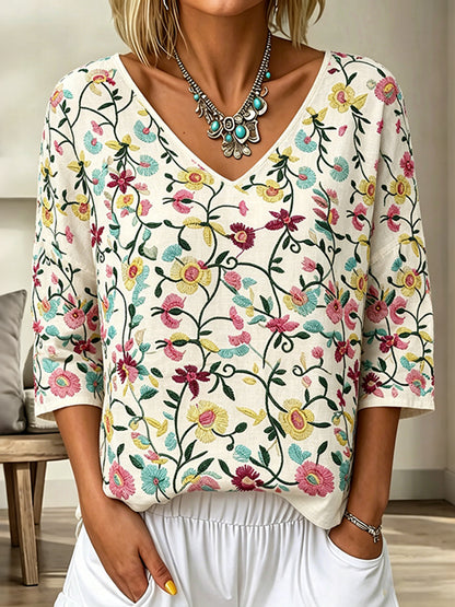 Cardydony Women's Vintage Floral Art Print Flowy Linen Blend Three-quarter Sleeve V Neck Linen Tops
