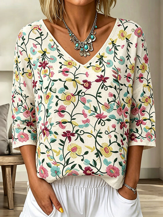 Cardydony Women's Vintage Floral Art Print Flowy Linen Blend Three-quarter Sleeve V Neck Linen Tops