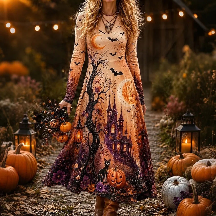 Cardydony Women's Retro Halloween Castle Pumpkin Black Cat Bat Print Round Neck Long Sleeve Dress