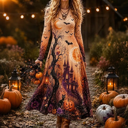 Cardydony Women's Retro Halloween Castle Pumpkin Black Cat Bat Print Round Neck Long Sleeve Dress
