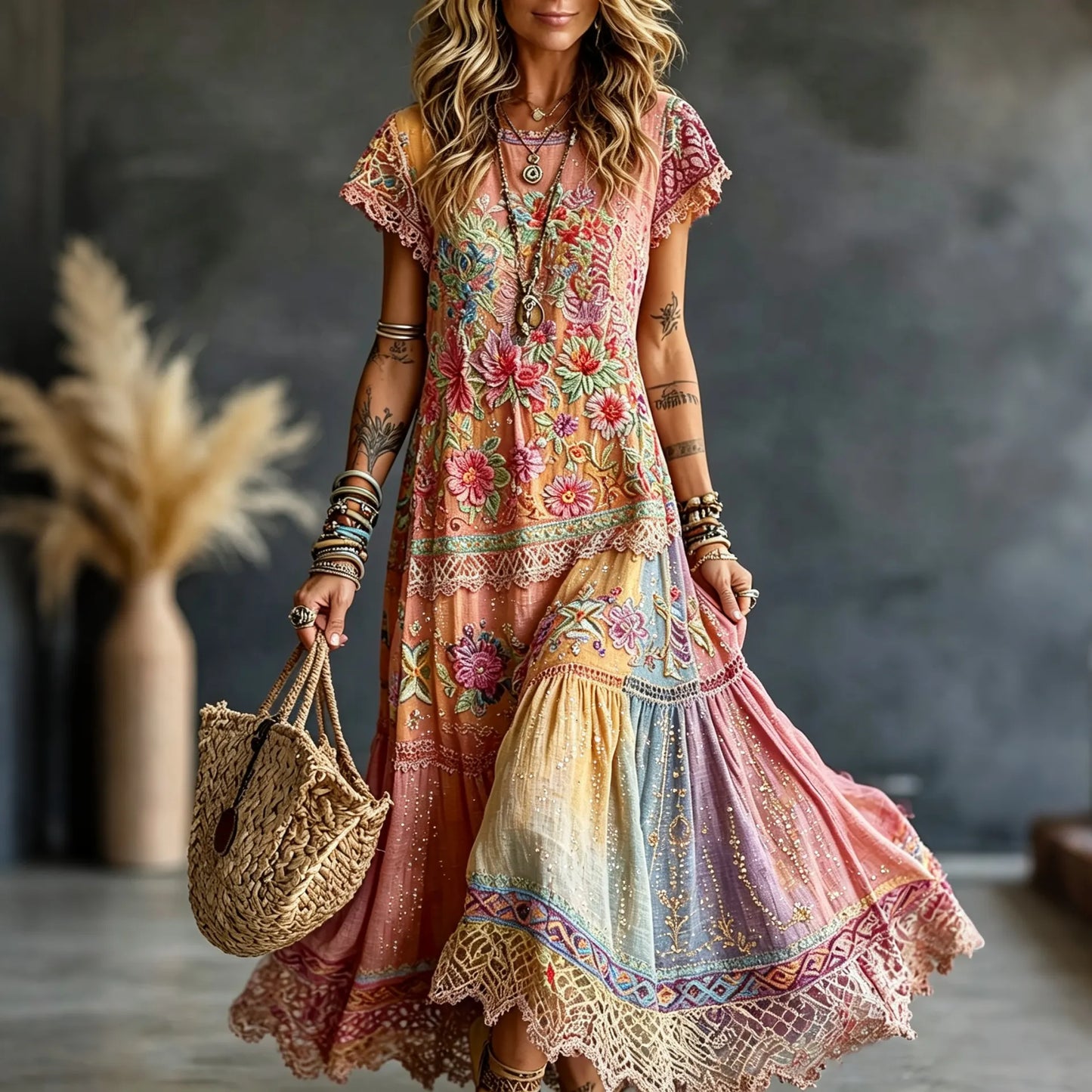 Cardydony Women's Vintage Floral In Hippie Rainbow Art Print Flowy Linen Blend Linen Blend Maxi Dress