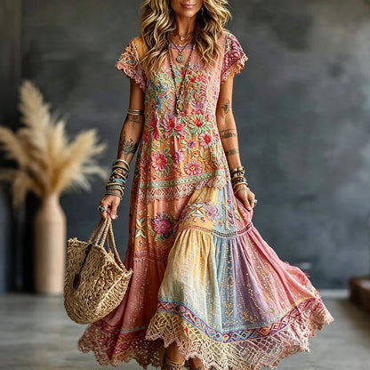 Cardydony Women's Vintage Floral In Hippie Rainbow Art Print Flowy Linen Blend Linen Blend Maxi Dress