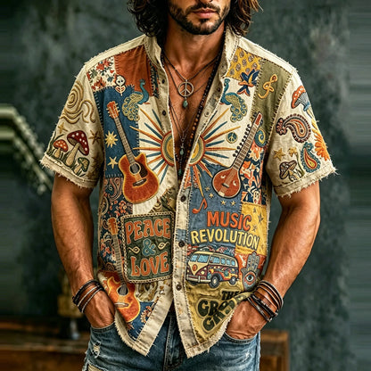 Cardydony Men's Peace And Love Music Revolution Sun Guitar Peacock Patchwork Art Print Casual Shirt