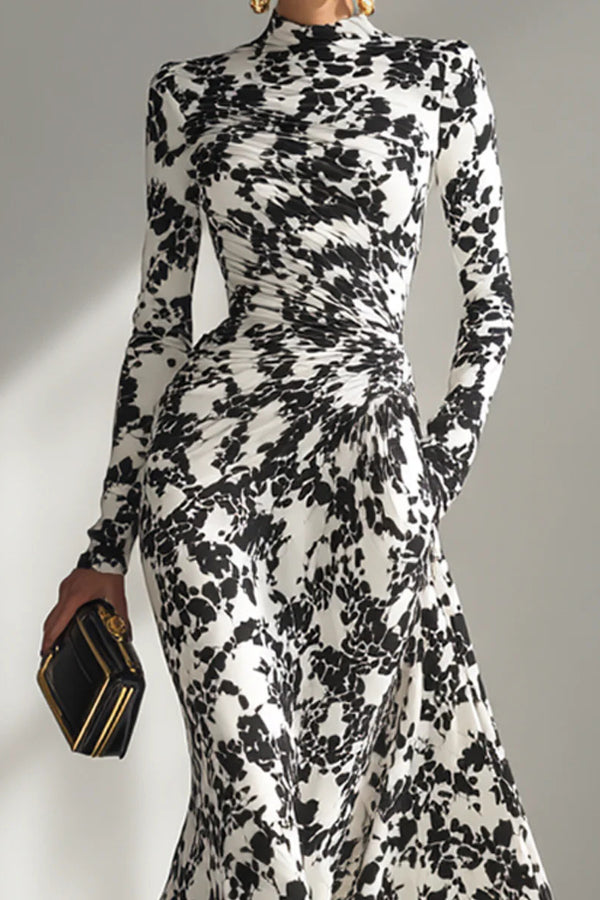 Cardydony Women's Black and White Color-blocked Printed Long-sleeved Pocket Slim-fit Pleated Maxi Dress