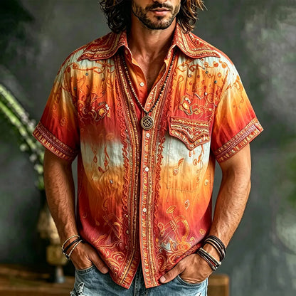 Cardydony 70s Hippie Gradient Music Embroidery Shirt Men Boho Paisley Short Sleeve Vacation Camp Shirt