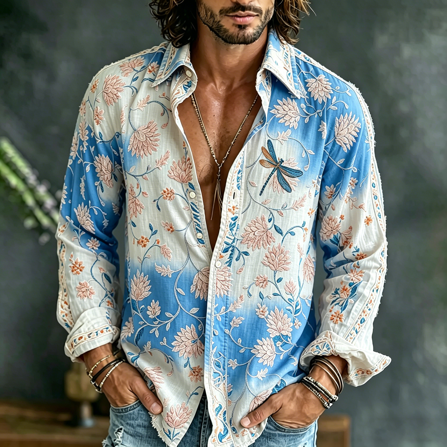 Cardydony Men's Vintage Floral Embroidered Art Print Flowy Linen Blend Casual Shirt