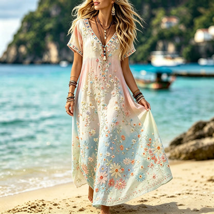 Cardydony Women's Summer Boho Floral Embroidery Art V Neck Short Sleeve Linen Blend Maxi Dress