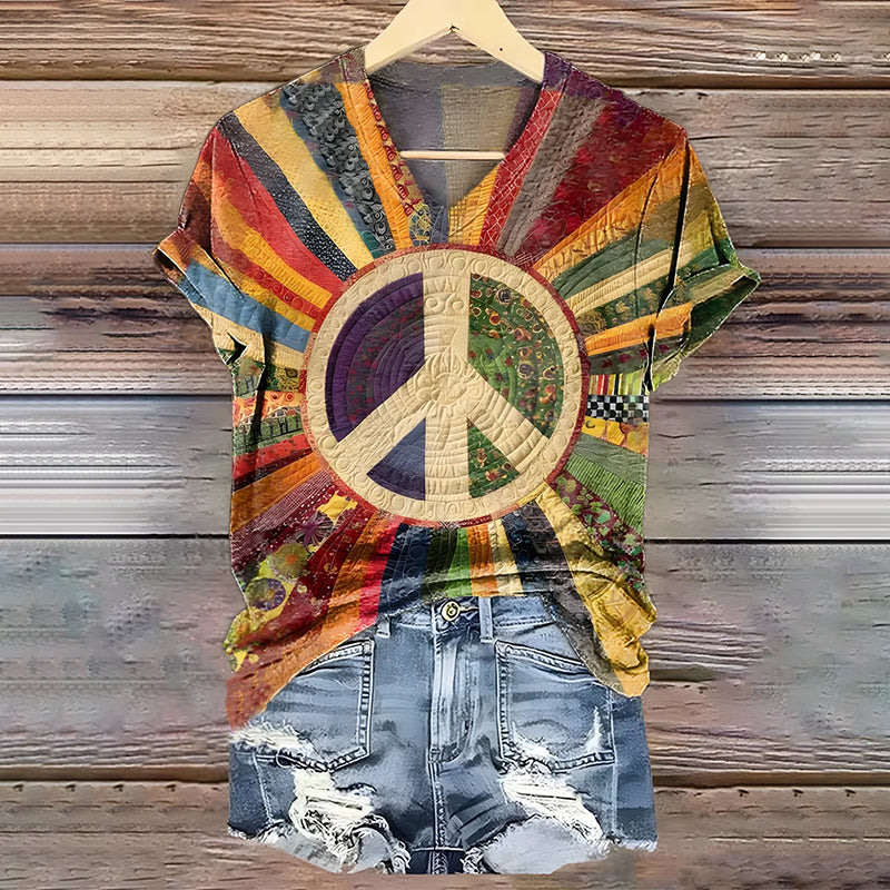Cardydony Women's Hippie Rainbow Peace Tie-dye Pattern Casual T-shirt