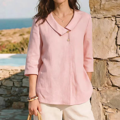Cardydony Casual Linen Buttoned Irregular V-neck Shirt