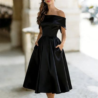 Cardydony Classy Off Shoulderwide Skirted Satin Maxi Dress