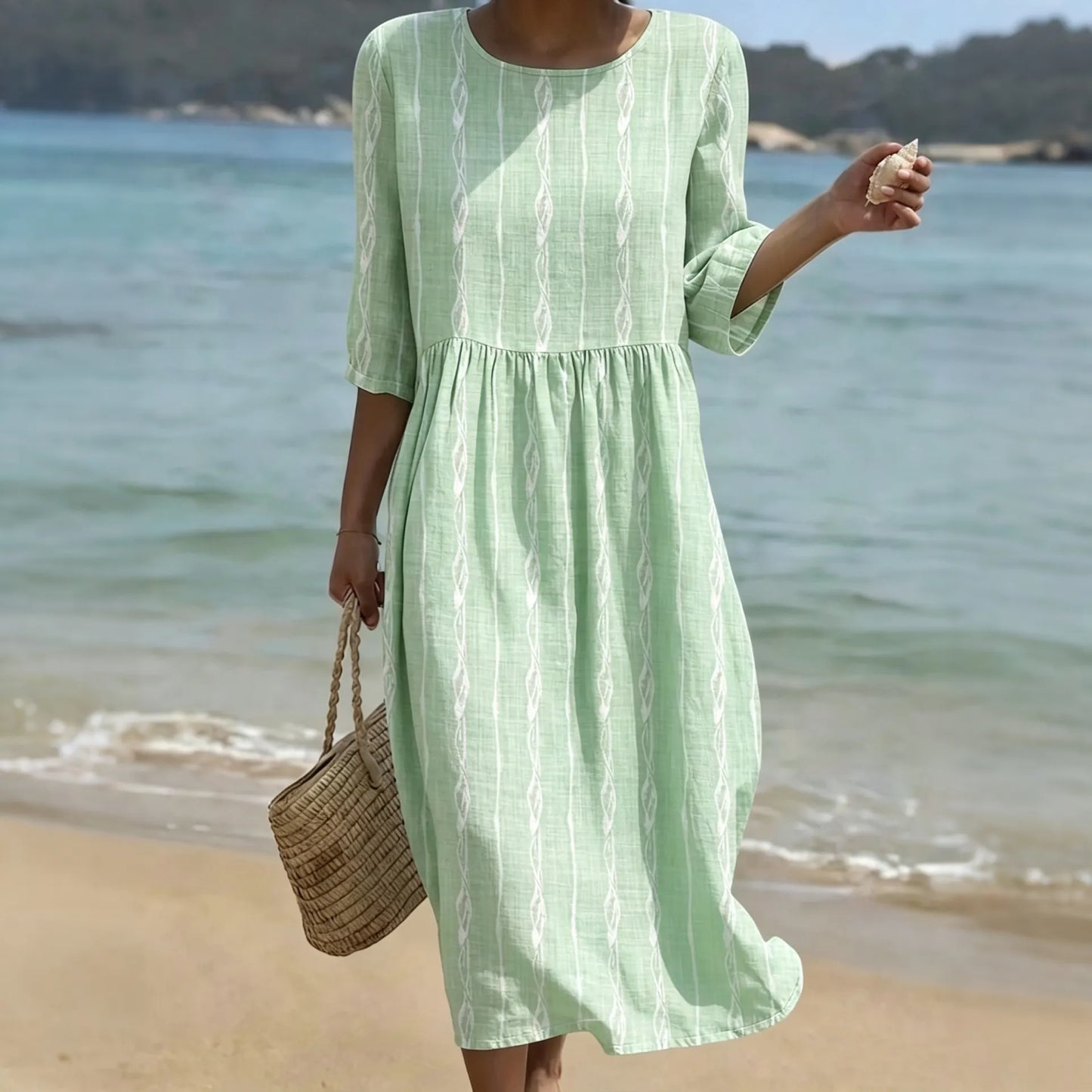 Cardydony Women's Simple Striped Art Print Casual Round Neck Dress