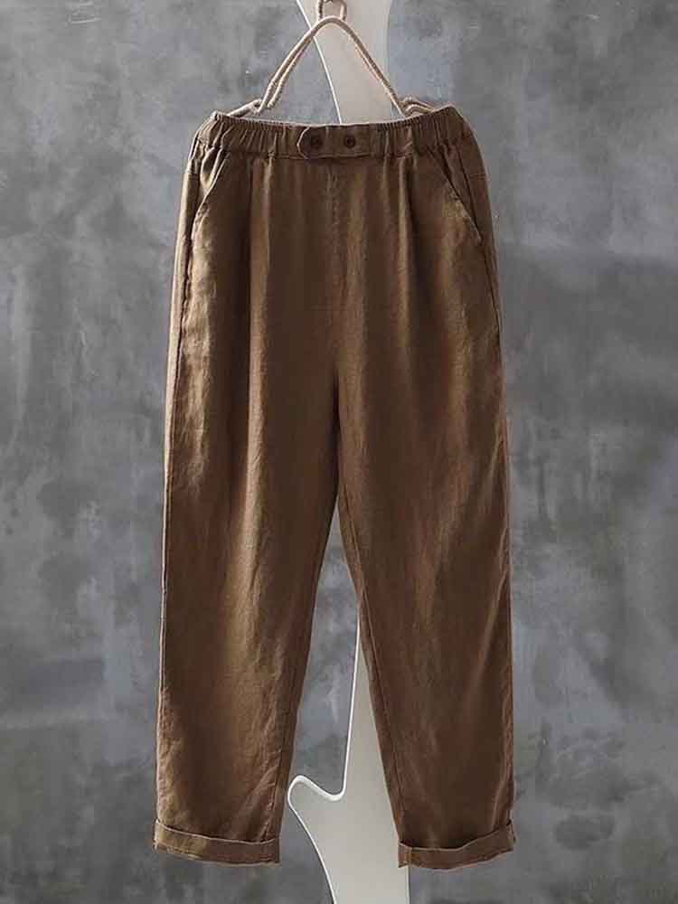 Cardydony Women's Simple Linen Blend Elastic Waist Casual Pants