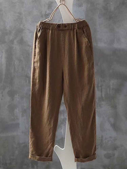 Cardydony Women's Simple Linen Blend Elastic Waist Casual Pants