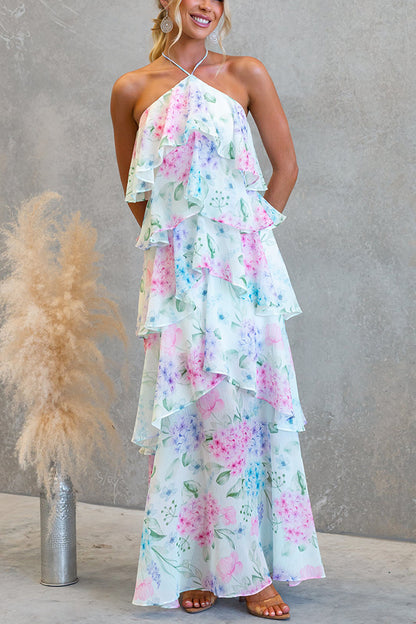 Cardydony Women's Poetic Eden Chiffon Floral Print Tiered Ruffles Halter A-line Maxi Dress