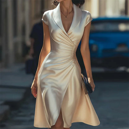Cardydony Classy Side Pinched Slit Flowy Satin Midi Dress