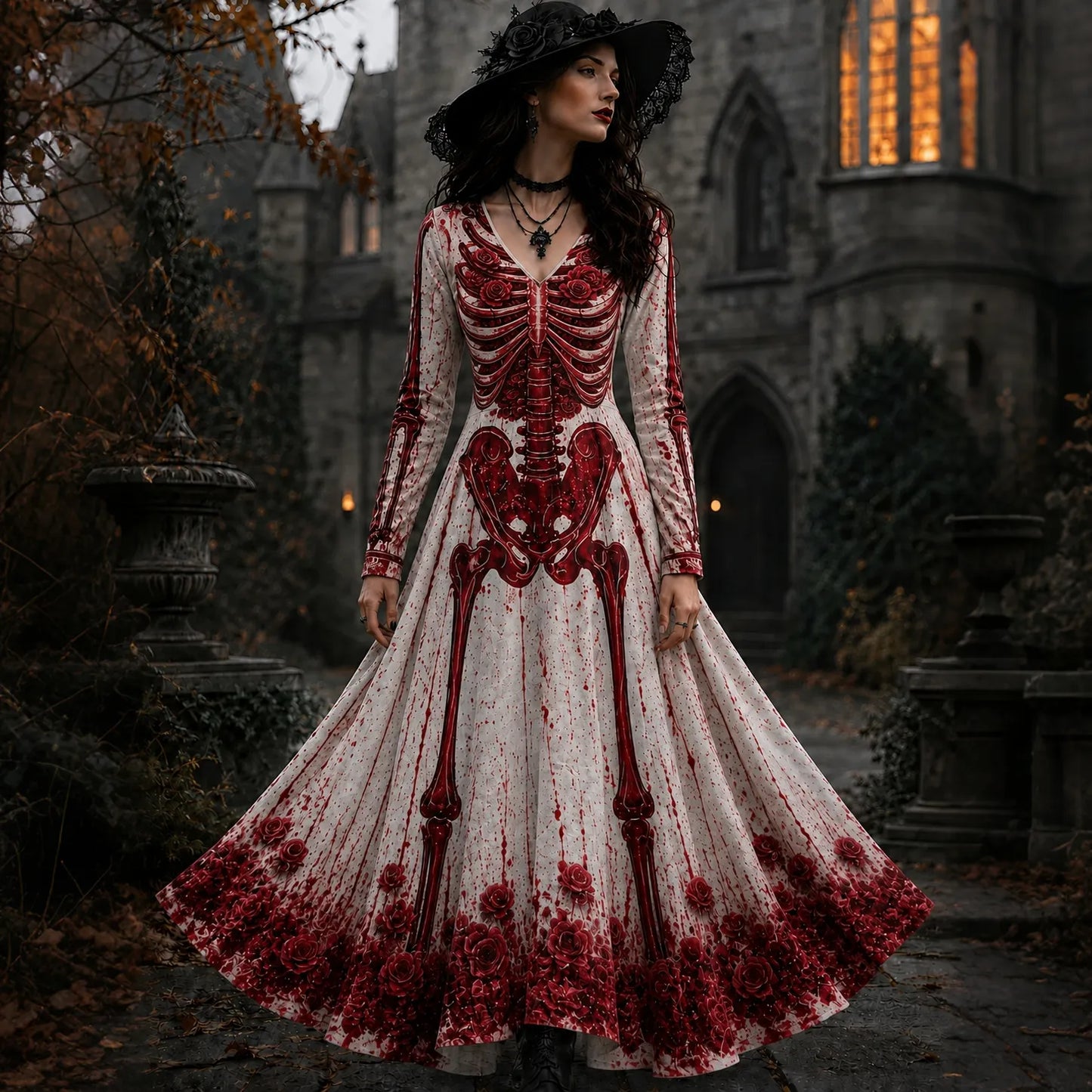 Cardydony Women's Halloween Retro Gothic Skull Floral Print V-neck Maxi Dress
